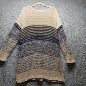 VTG Style New York Women Striped Sweater Tunic Size Large Chunky Knit Beige Navy